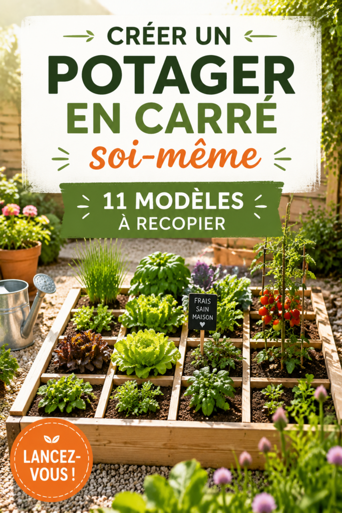Un potager en carré en bois rempli de légumes variés et bien entretenus.
