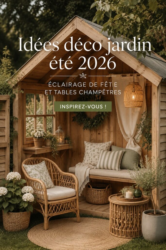 Jardin décoré pour l'été avec éclairage chaleureux et table accueillante