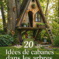 Cabanes dans les arbres colorées dans un jardin luxuriant