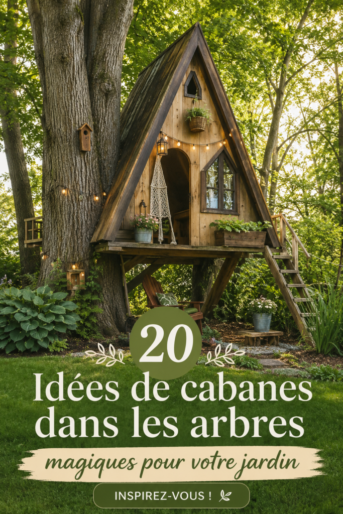 Cabanes dans les arbres colorées dans un jardin luxuriant