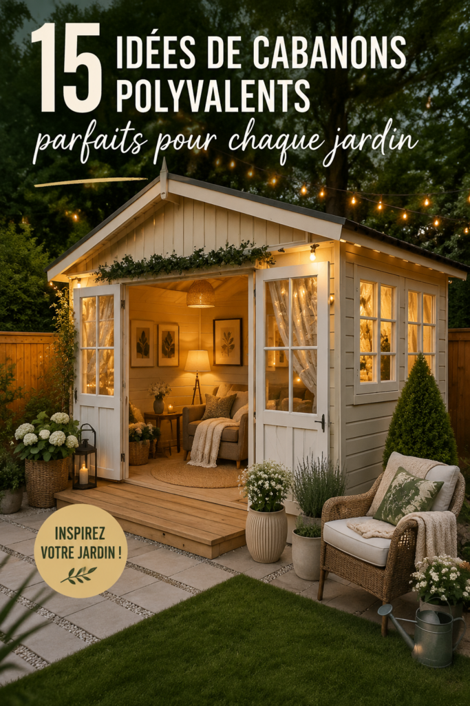 Un cabanon en bois élégamment intégré dans un jardin fleuri.