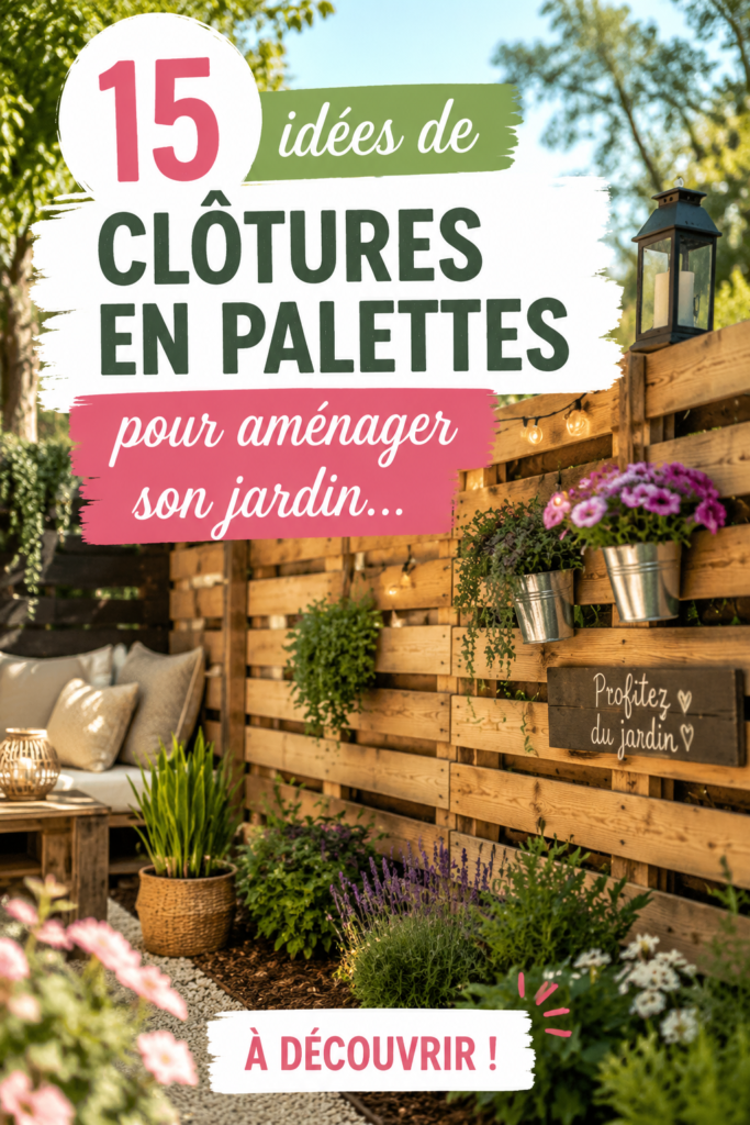 Clôture en palettes colorées entourant un jardin verdoyant, ajoutant une touche déco.