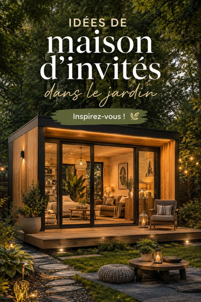 Studio d'invités dans un jardin, décoré de manière chaleureuse et accueillante.
