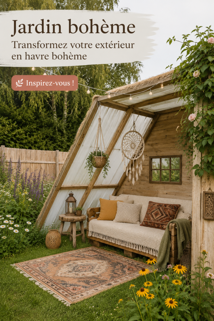 Jardin bohéme avec coussins colorés et plantes variées.