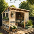 Maison en palettes construite dans un jardin
