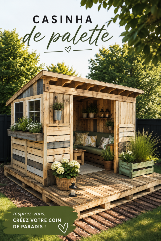 Maison en palettes construite dans un jardin