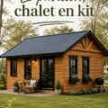 Pavillon de jardin en bois installé dans une jolie terrasse verte.