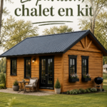 Pavillon de jardin en bois installé dans une jolie terrasse verte.