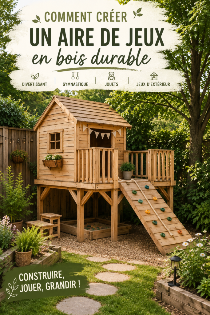 Terrain de jeu en bois durable installé dans un jardin avec des enfants jouant