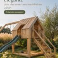 Illustration d'une villa de jeux chic dans un jardin verdoyant, intégrée harmonieusement à l'aménagement extérieur.