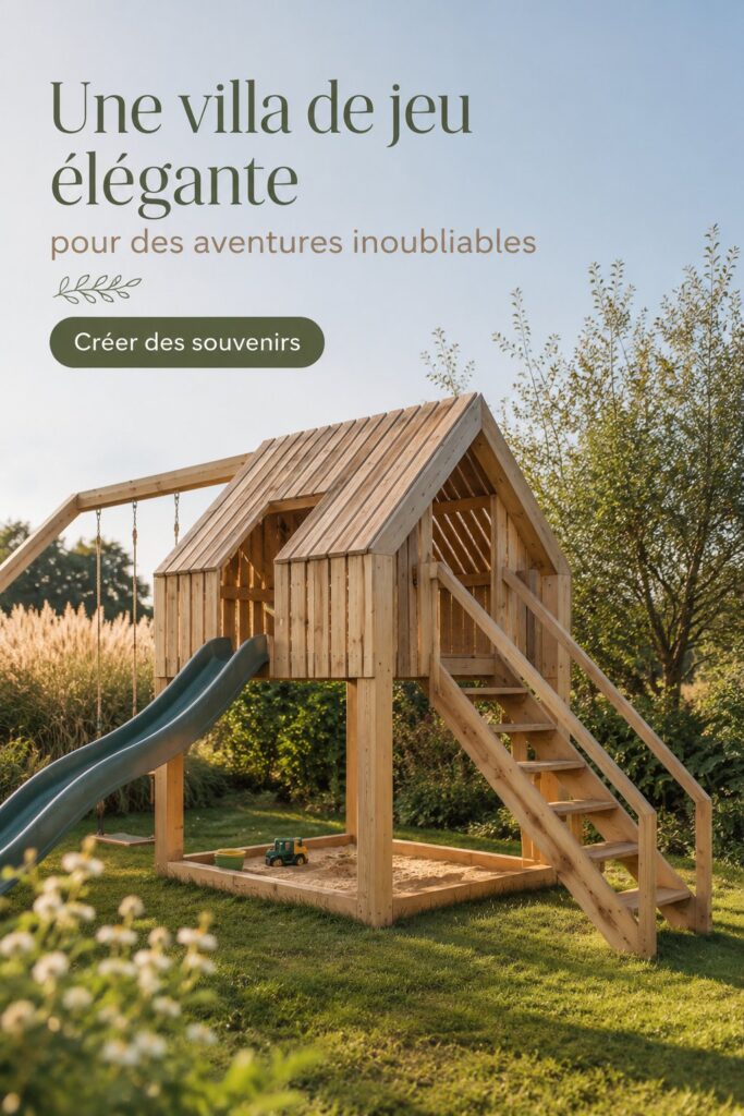 Illustration d'une villa de jeux chic dans un jardin verdoyant, intégrée harmonieusement à l'aménagement extérieur.