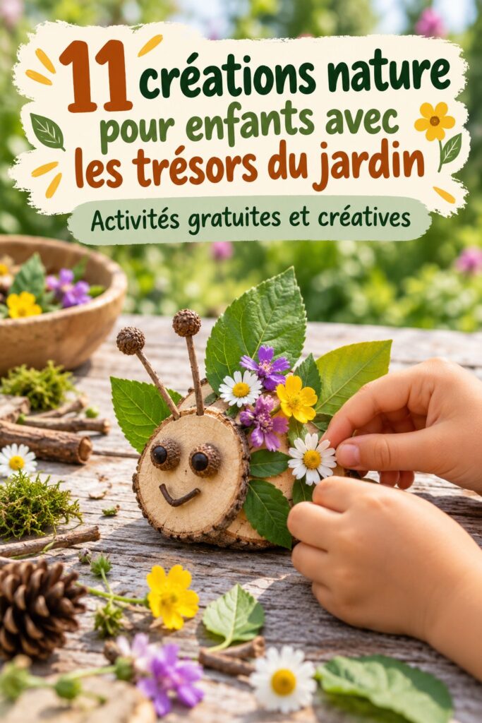 Enfants s'amusant avec des bricolages naturels dans le jardin
