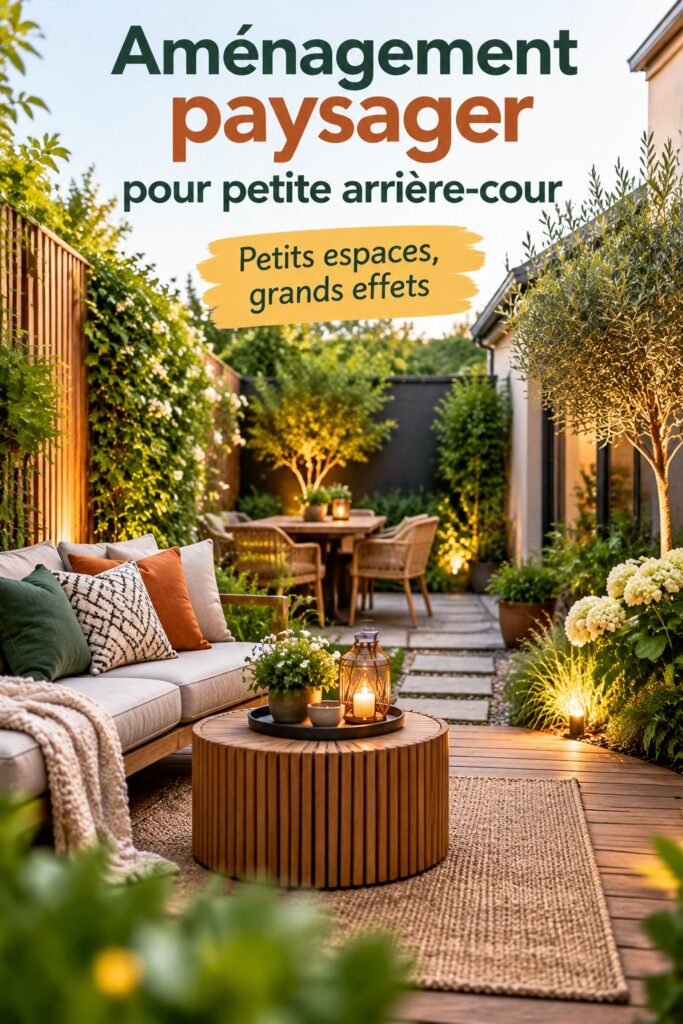 Aménagement d'une petite arrière-cour avec des plantes et un coin détente.