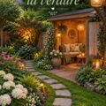 Un jardin luxuriant rempli de plantes colorées et d'éléments décoratifs.