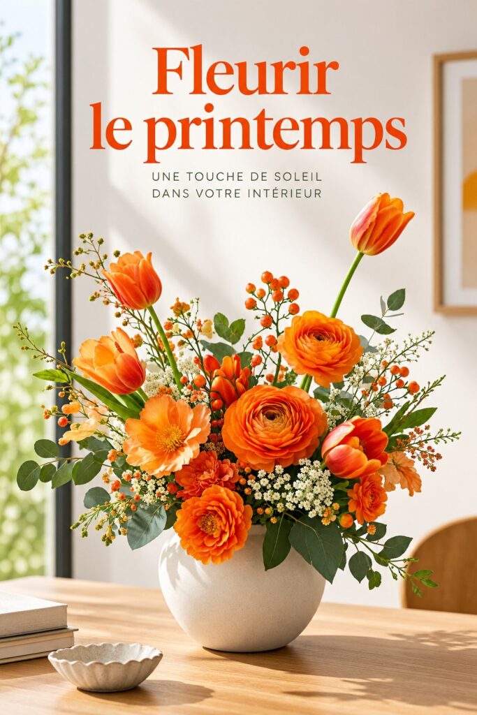 Arrangement floral moderne aux fleurs orange, apportant chaleur et élégance à la décoration intérieure.