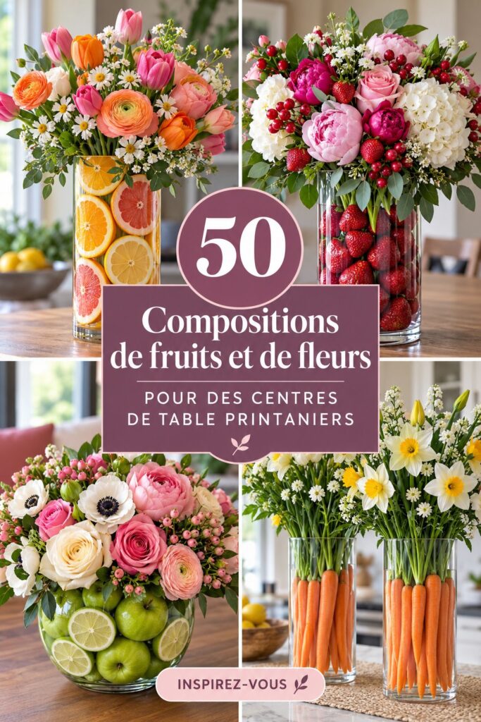 Arrangement printanier de fleurs et fruits colorés sur une table