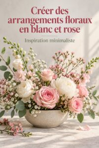 Arrangement floral blanc et bleu évoquant la neige dans un vase