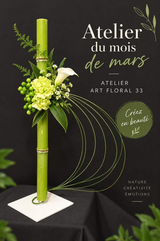 Atelier floral avec des arrangements de fleurs colorées en pleine création.