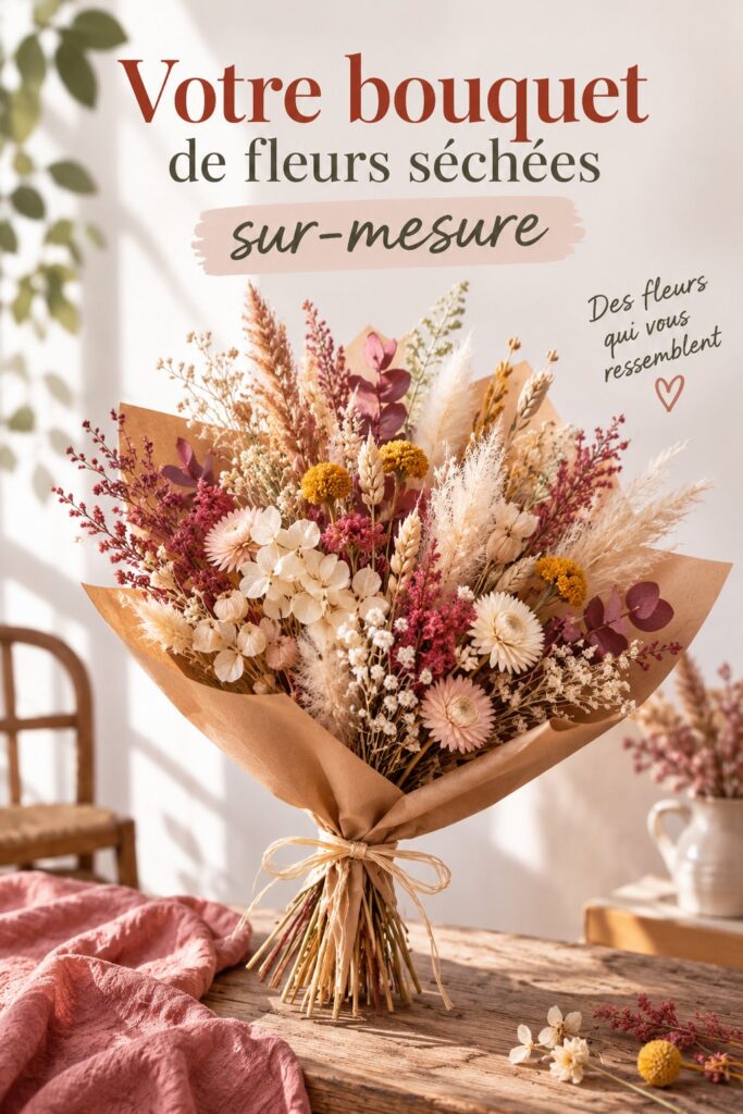 Un bouquet de fleurs séchées personnalisé avec des teintes douces et une belle harmonie.