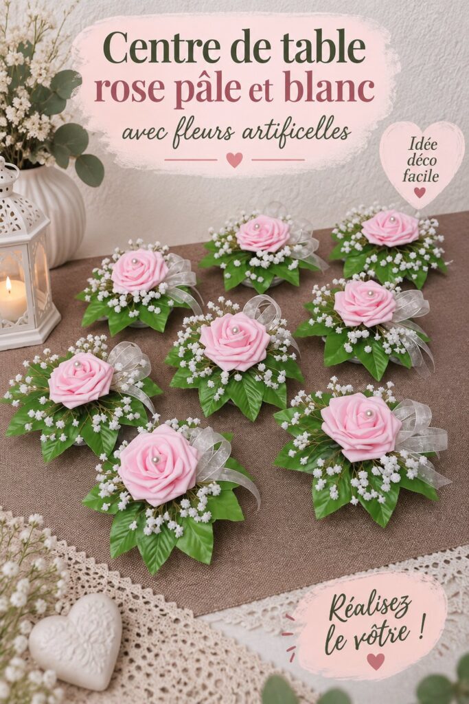 Centre de table élégant en rose pâle et blanc avec fleurs artificielles