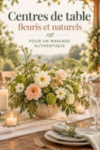 Centre de table floral naturel pour un mariage, incluant des fleurs colorées et des feuillages luxuriants.
