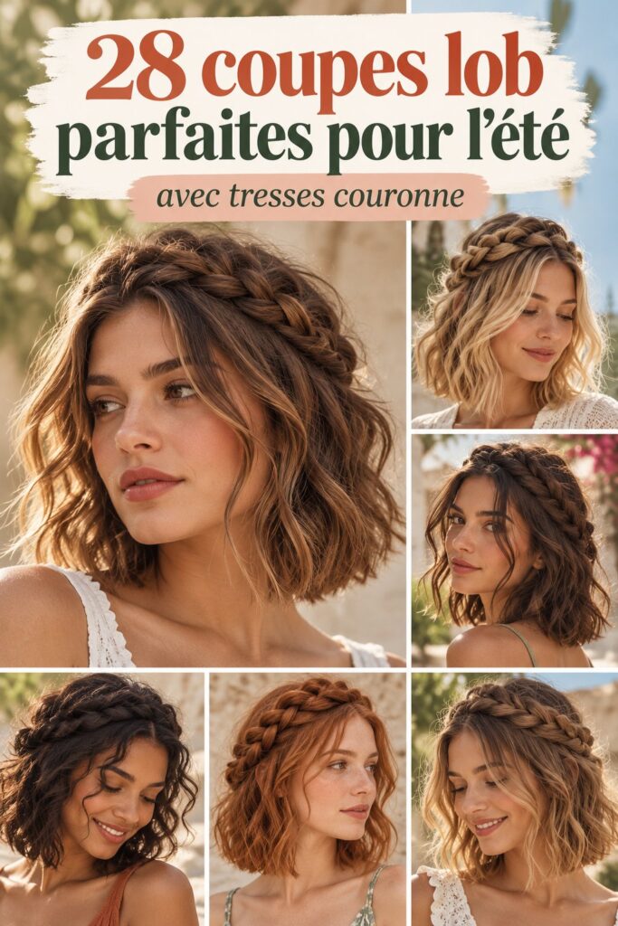 Coiffure de mariage d'été avec des tresses couronnées, élégante et raffinée.