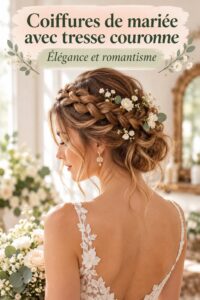 Coiffure de mariée avec tresse en couronne décorée de fleurs