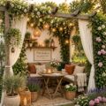 Un jardin boho avec des coussins colorés et des plantes luxuriantes