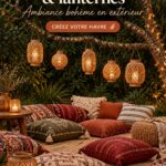 Un salon extérieur boho avec des coussins colorés et des lanternes suspendues, créant une ambiance chaleureuse.