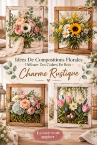 Composition florale colorée dans un cadre en bois, apportant une touche rustique au jardin