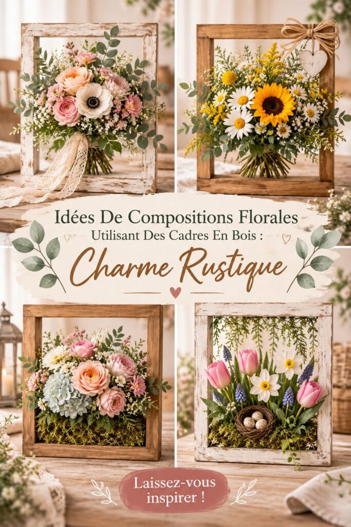 Composition florale colorée dans un cadre en bois, apportant une touche rustique au jardin