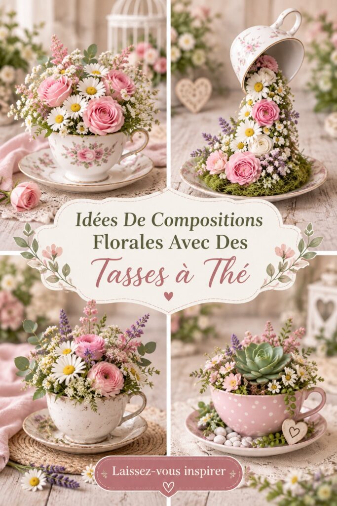 Composition florale colorée dans une tasse à thé vintage sur un fond en bois.