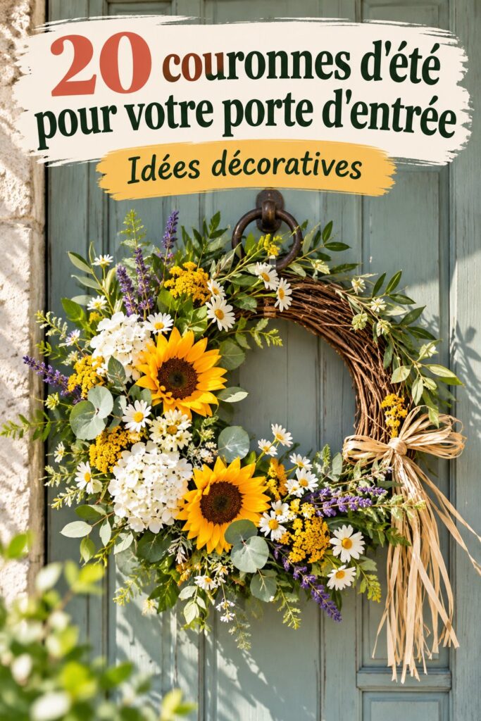 Couronne d'été colorée accrochée à une porte d'entrée décorée.