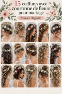 Une mariée avec une couronne de fleurs colorées sur la tête, ajoutant une touche romantique à son look.