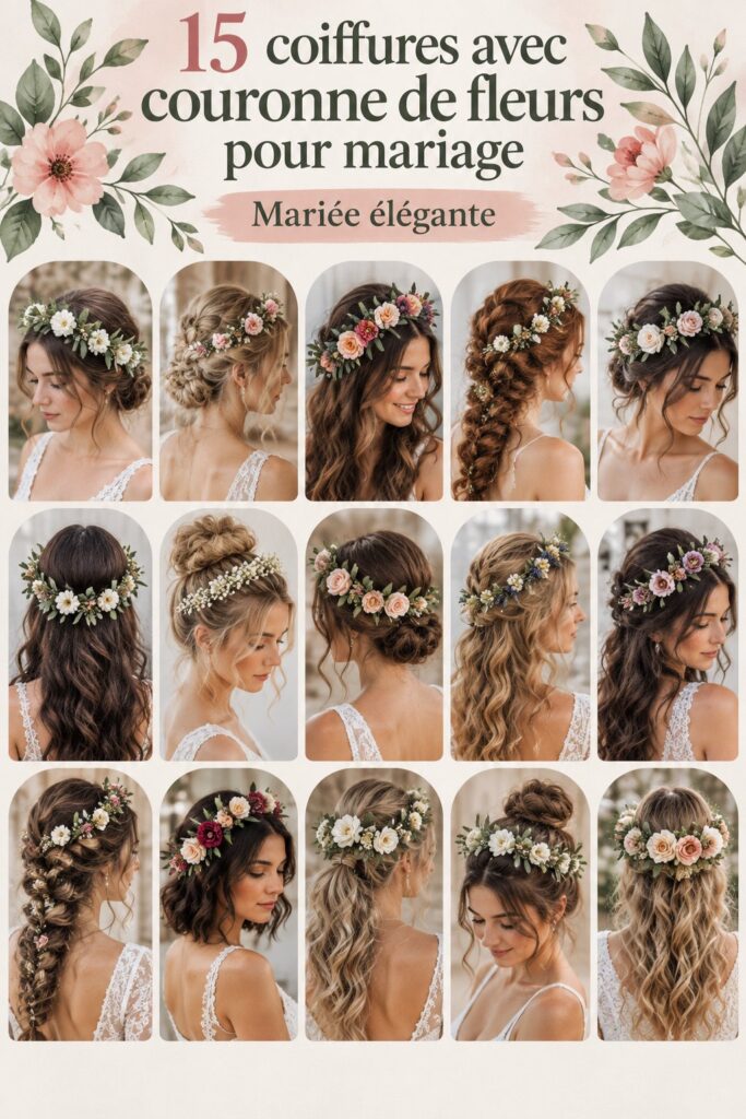 Une mariée avec une couronne de fleurs colorées sur la tête, ajoutant une touche romantique à son look.