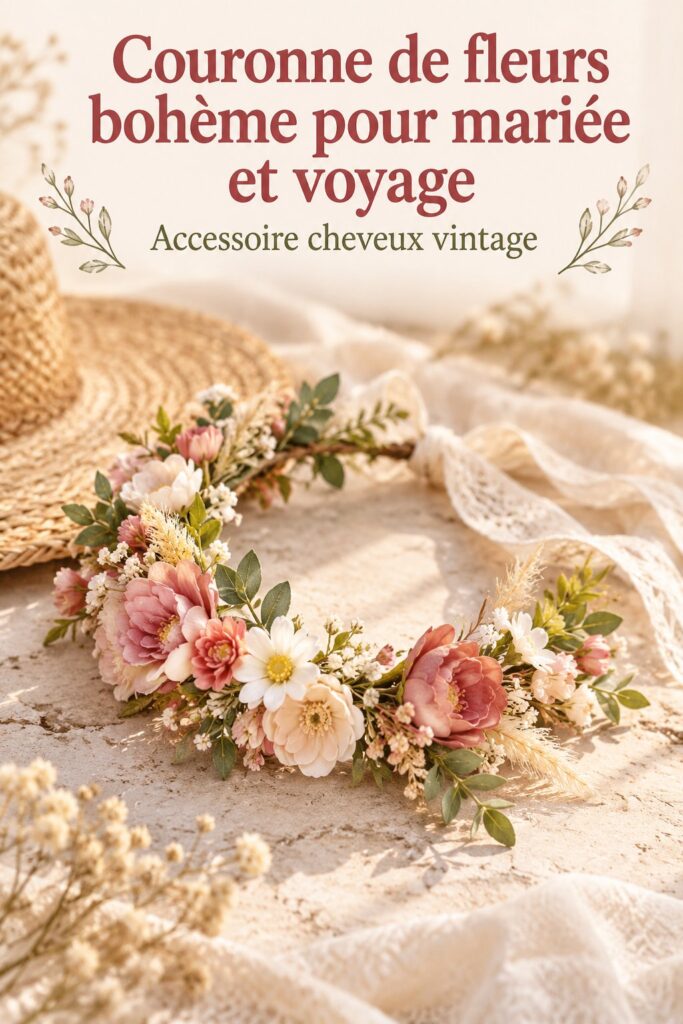 Une couronne de fleurs vintage avec des fleurs blanches et roses sur fond vert
