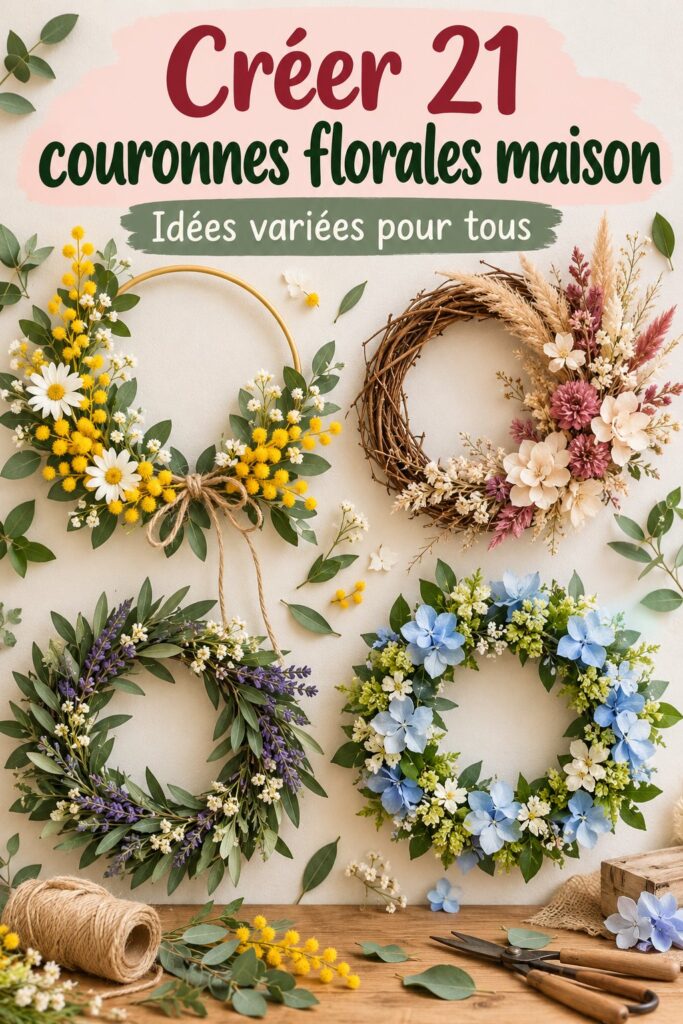 Couronne florale colorée suspendue dans un jardin ensoleillé