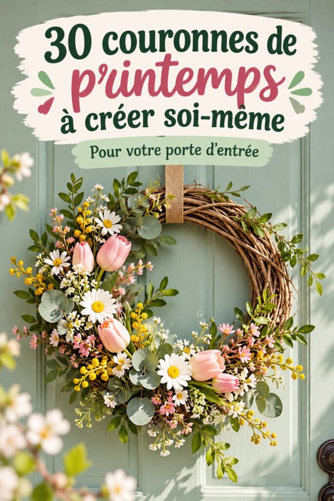 Couronne printanière colorée accrochée à une porte d'entrée