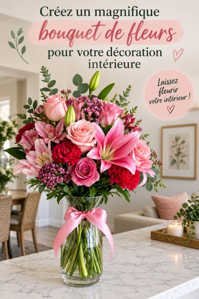 Un magnifique bouquet de fleurs colorées sur une table à manger, créant une ambiance chaleureuse.
