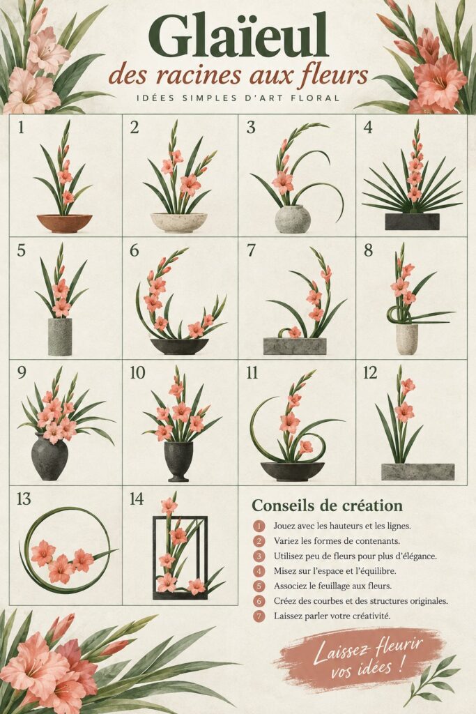 Un jardin coloré avec des glaïeuls en pleine floraison.