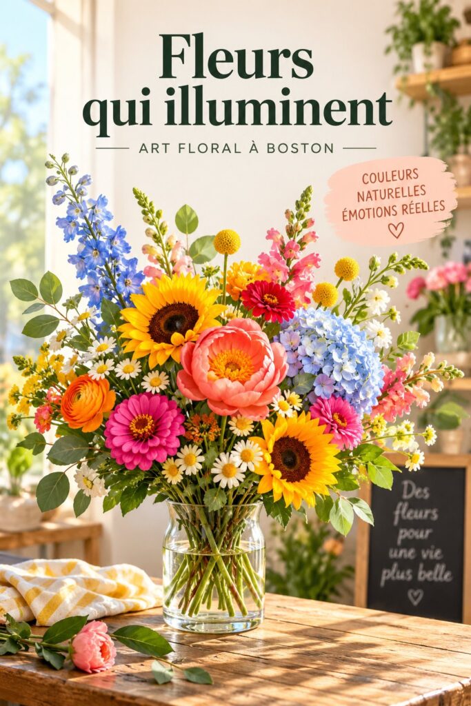 Bouquet de fleurs colorées pour un mariage, avec des roses, des pivoines et des tournesols.