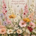 Un jardin vintage fleuri avec des fleurs sauvages hautes et colorées, apportant une ambiance romantique.