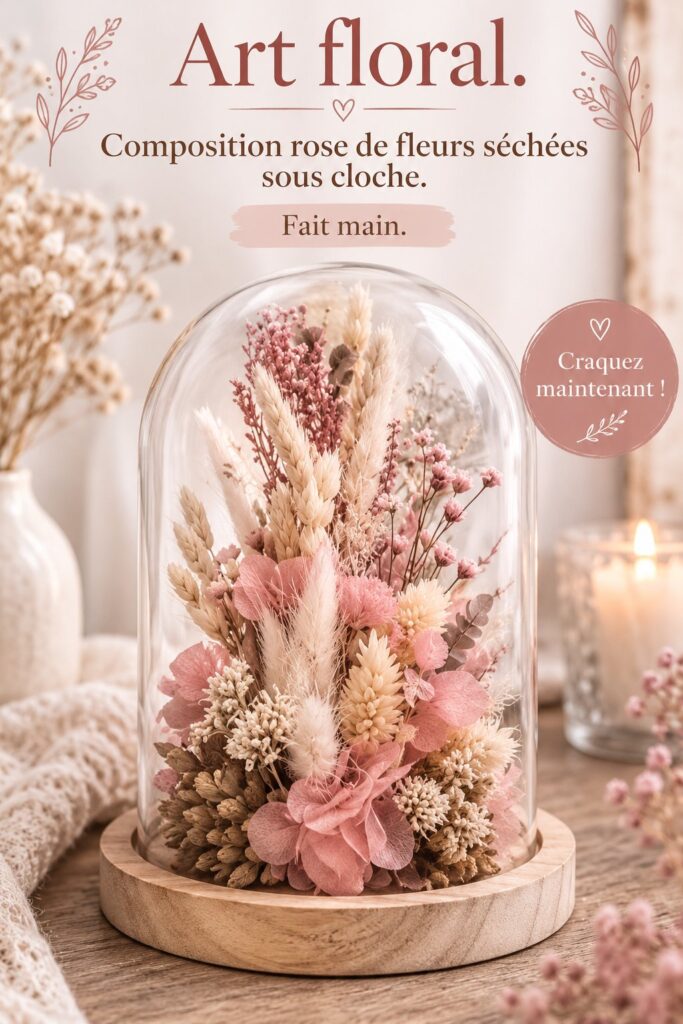 Composition de fleurs séchées sous cloche sur une table en bois