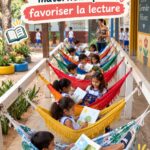Des enfants détendus lisant dans des hamacs colorés à l'école.