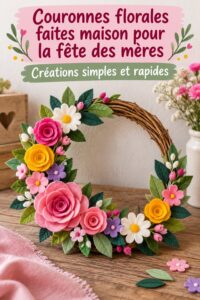 Couronne colorée réalisée maison pour la fête des mères avec des fleurs et des rubans.