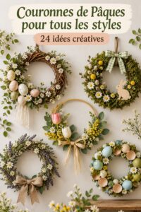 Couronnes colorées de Pâques en fleur et en déco printanière sur une porte d'entrée, représentant différents styles décoratifs.