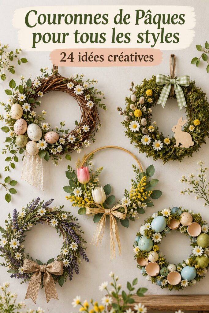 Couronnes colorées de Pâques en fleur et en déco printanière sur une porte d'entrée, représentant différents styles décoratifs.