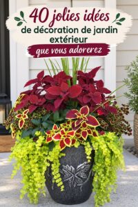 Jardin décoré avec des fleurs colorées et des meubles en bois, évoquant un espace accueillant.