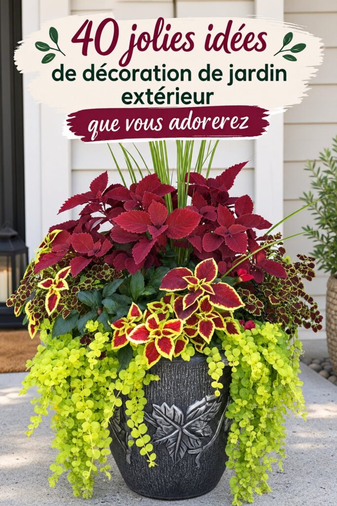 Jardin décoré avec des fleurs colorées et des meubles en bois, évoquant un espace accueillant.