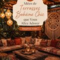Terrasse bohème chic avec des coussins colorés et des plantes luxuriantes.